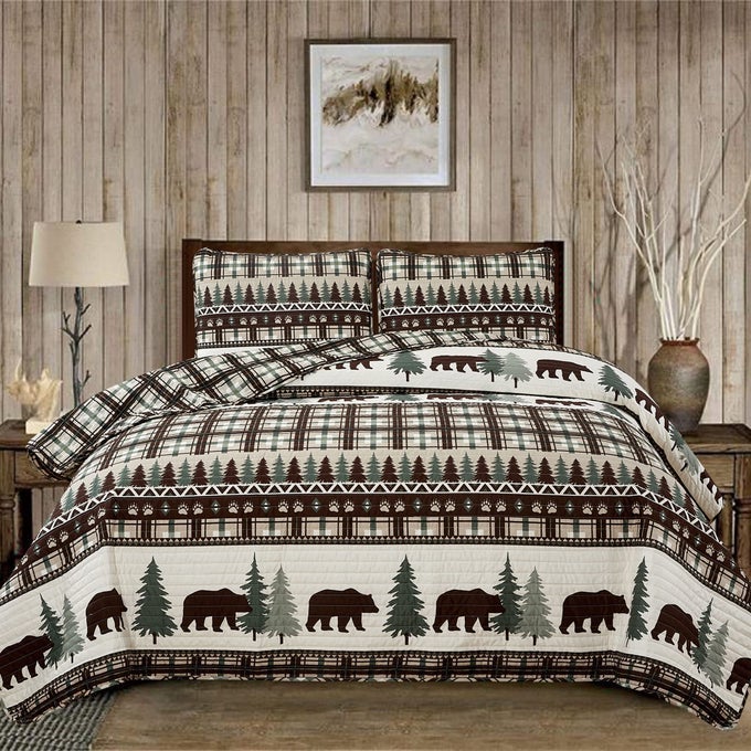 3 PIECE REVERSIBLE QUILT SET WITH SHAMS ALLSEASON SOFT LIGHTWEIGHT BEDSPREAD RUSTIC LODGE CABIN PRINTED PLAID DESIGN CEDAR CREEK COLLECTION FULLQUEEN CHOCOLATEGREEN