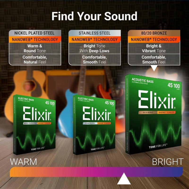 ELIXIR أوتار إلكسير 80/20 برونز أكوستيك 4-وتر بيس مع طلاء NANOWEB، طول طويل، خفيف (.045-.100) - Image 4