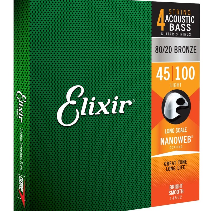 ELIXIR أوتار إلكسير 80/20 برونز أكوستيك 4-وتر بيس مع طلاء NANOWEB، طول طويل، خفيف (.045-.100) - Image 1