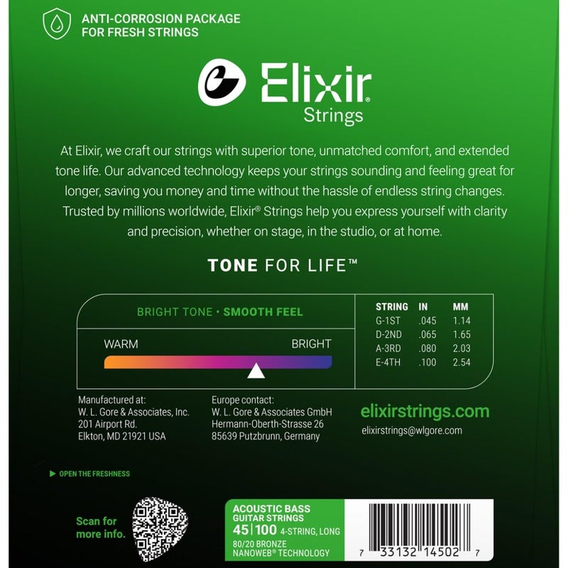 ELIXIR أوتار إلكسير 80/20 برونز أكوستيك 4-وتر بيس مع طلاء NANOWEB، طول طويل، خفيف (.045-.100) - Image 2