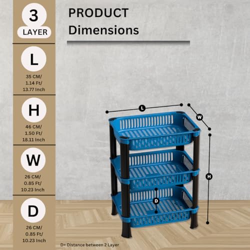 Biltoxi Multipurpose Plastic Storage Rack for Kitchen, Onion Potato Sabji, Fruit Corner Storage Stand Basket, Folding Rack, Countertop Kitchen Organizer Cart, Trolley Rack (3 Layer, Blue) - Image 2