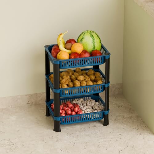 Biltoxi Multipurpose Plastic Storage Rack for Kitchen, Onion Potato Sabji, Fruit Corner Storage Stand Basket, Folding Rack, Countertop Kitchen Organizer Cart, Trolley Rack (3 Layer, Blue) - Image 1