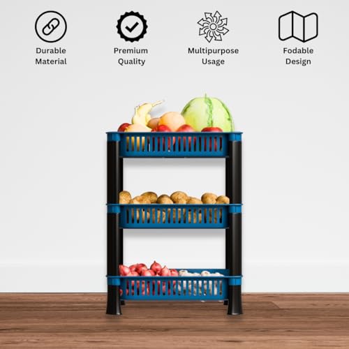 Biltoxi Multipurpose Plastic Storage Rack for Kitchen, Onion Potato Sabji, Fruit Corner Storage Stand Basket, Folding Rack, Countertop Kitchen Organizer Cart, Trolley Rack (3 Layer, Blue) - Image 3