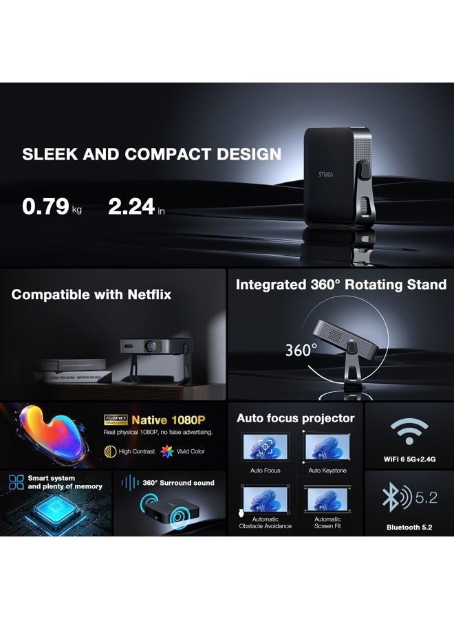 VOPLLS 【Netflix-Licensed Projector & Native 1080P】Thinnest 2.24" Smart Mini Projector with WiFi and Bluetooth, Auto Focus & Keystone Portable Outdoor Projector, VOPLLS 4K Support Home Movie Projector - Image 2
