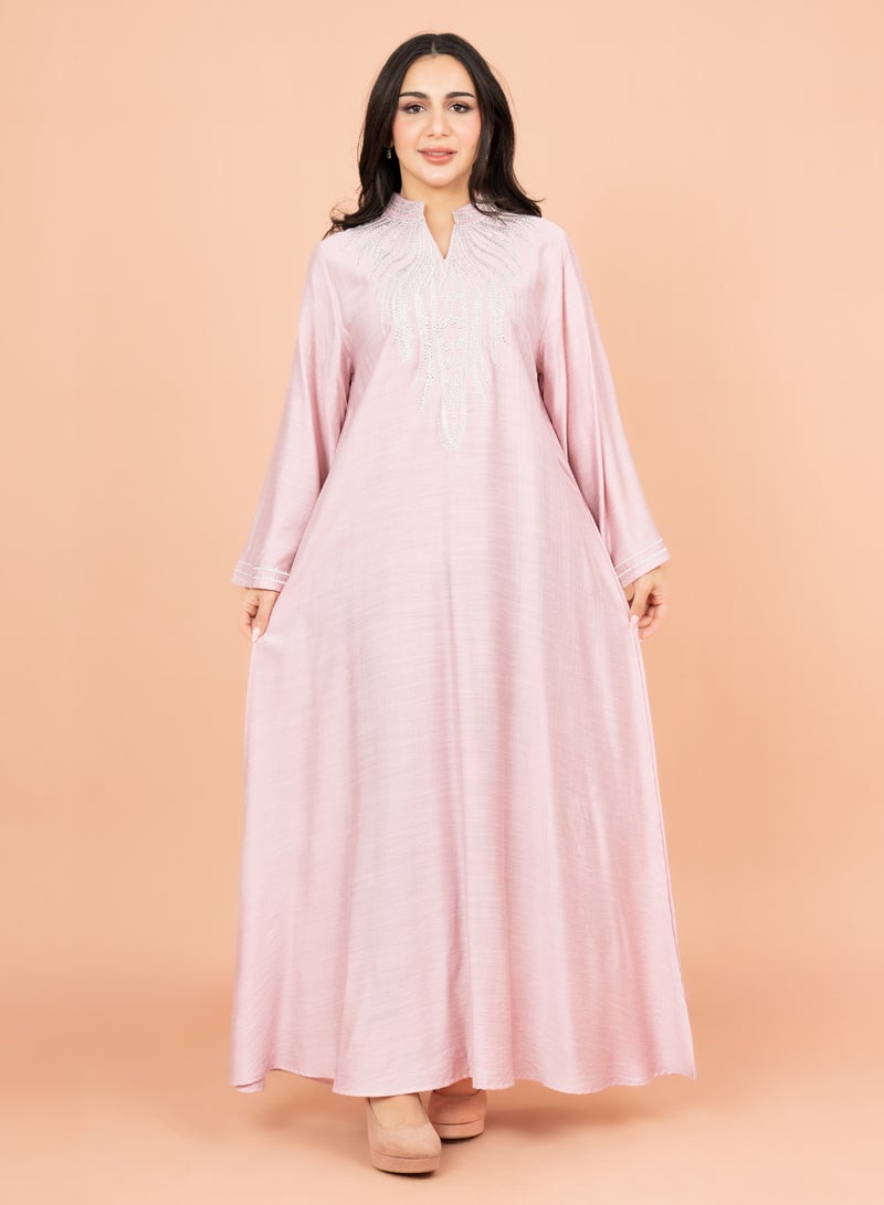 اكسا جلابية مطرزة سادة بياقة ماندرين أنيقة وردي - Image 1