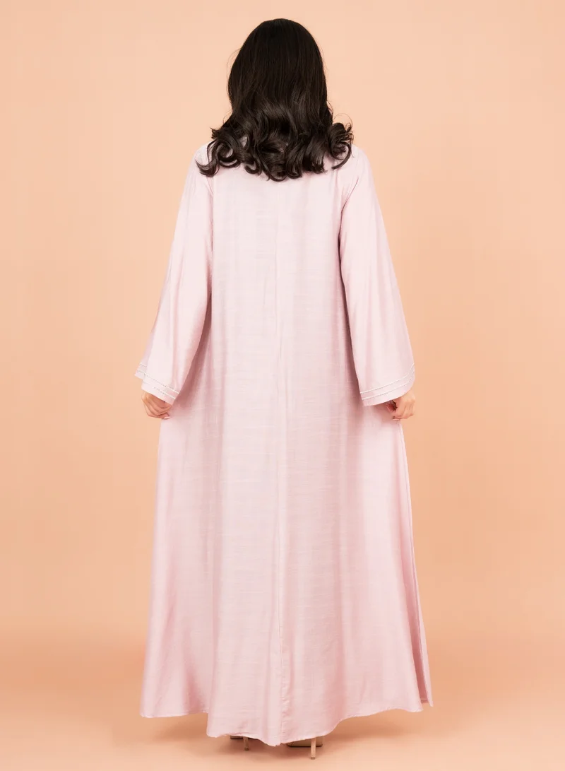 IKKXA Embroidered Solid Jalabiya with Stylish Mandarin Collar IK4010 Pink