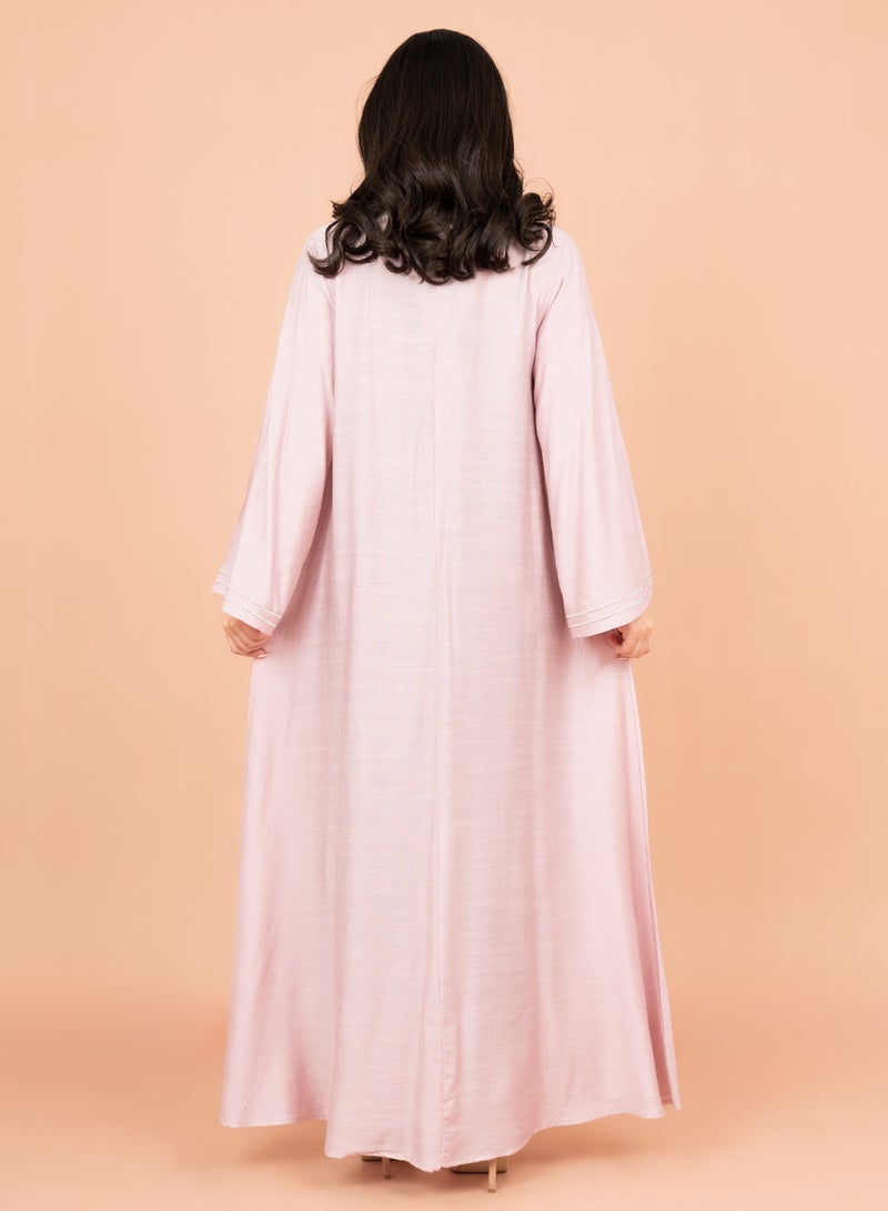 اكسا جلابية مطرزة سادة بياقة ماندرين أنيقة وردي - Image 4