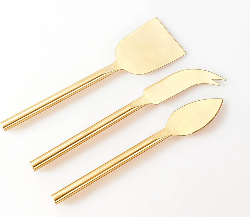 HSHQING Long Handle Gold Cheese Knife Set of 3 Beautiful Appetizers n Charcuterie Utensils Pronged n Flat & Parmesan Knives - Image 1