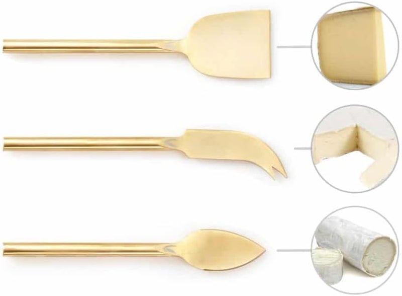 HSHQING Long Handle Gold Cheese Knife Set of 3 Beautiful Appetizers n Charcuterie Utensils Pronged n Flat & Parmesan Knives - Image 4
