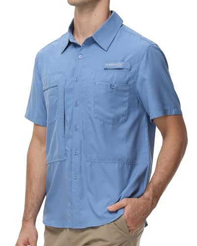 Satankud Men's UPF 50+ Short Sleeve Fishing Shirts Sun Protection Lightweight Hiking Travel Work Button Down Shirt Zipper Pocket (MistBlue,Large) - Image 2