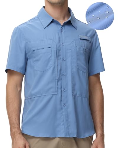 Satankud Men's UPF 50+ Short Sleeve Fishing Shirts Sun Protection Lightweight Hiking Travel Work Button Down Shirt Zipper Pocket (MistBlue,Large) - Image 1