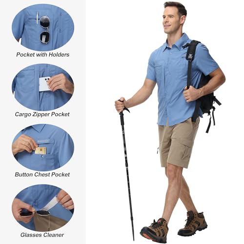 Satankud Men's UPF 50+ Short Sleeve Fishing Shirts Sun Protection Lightweight Hiking Travel Work Button Down Shirt Zipper Pocket (MistBlue,Large) - Image 4