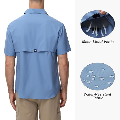Satankud Men's UPF 50+ Short Sleeve Fishing Shirts Sun Protection Lightweight Hiking Travel Work Button Down Shirt Zipper Pocket (MistBlue,Large) - Image 3