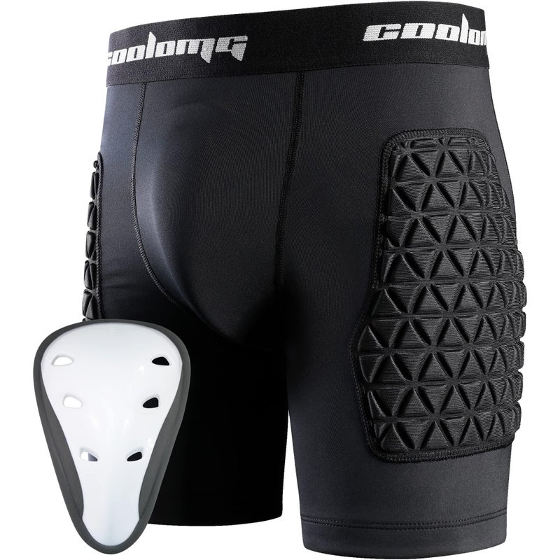 COOLOMG Youth Padded Sliding Shorts with Protective Cup Boys Baseball Compression Shorts Football Lacrosse Slider Black M - Image 1