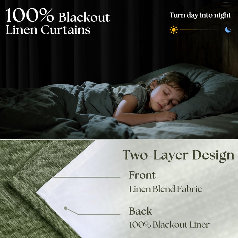 TWODRAPES 120 Inch Pinch Pleat Drapes Olive Green Room Darkening Curtains 120 Inches Long for Bedroom Rustic Cottagecore 100% Blackout Thick Linen Double Layer Pleated Curtain 2 Panels Set Loden Green Decor - Image 2