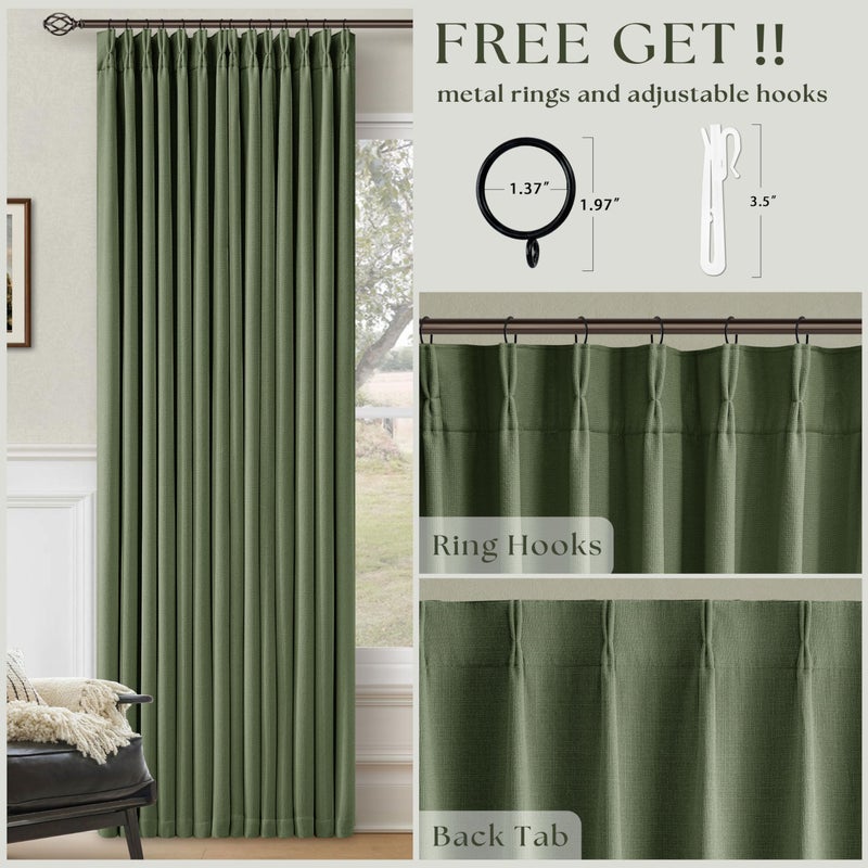 TWODRAPES 120 Inch Pinch Pleat Drapes Olive Green Room Darkening Curtains 120 Inches Long for Bedroom Rustic Cottagecore 100% Blackout Thick Linen Double Layer Pleated Curtain 2 Panels Set Loden Green Decor - Image 5