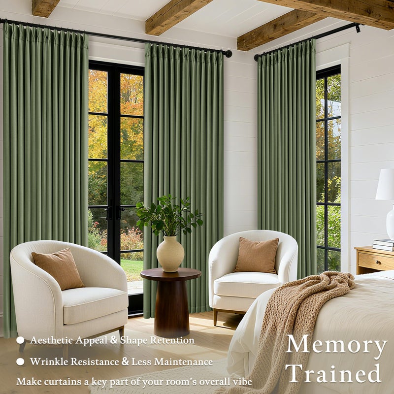 TWODRAPES 120 Inch Pinch Pleat Drapes Olive Green Room Darkening Curtains 120 Inches Long for Bedroom Rustic Cottagecore 100% Blackout Thick Linen Double Layer Pleated Curtain 2 Panels Set Loden Green Decor - Image 4