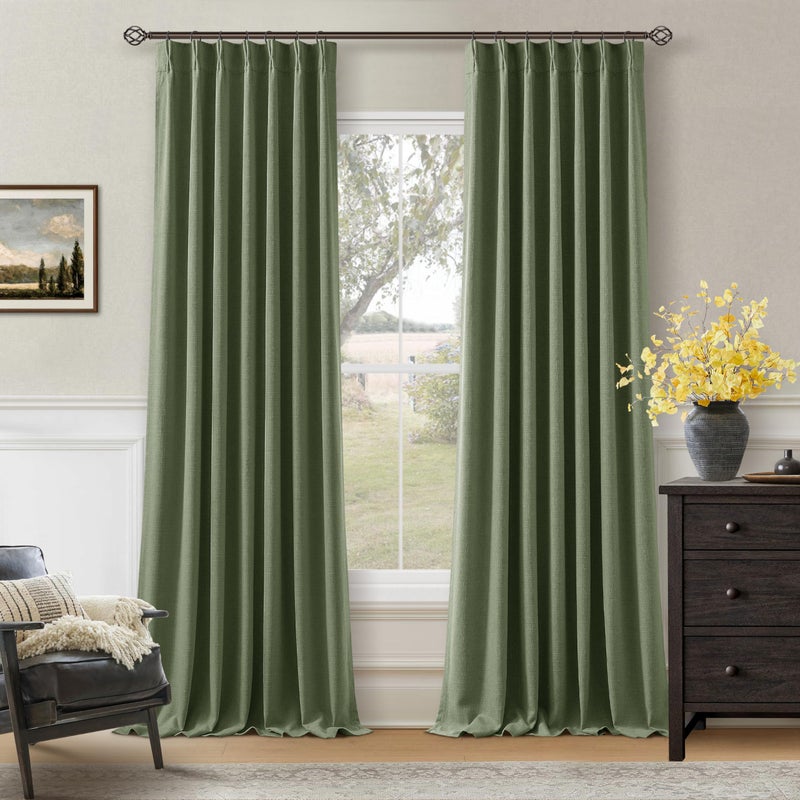 TWODRAPES 120 Inch Pinch Pleat Drapes Olive Green Room Darkening Curtains 120 Inches Long for Bedroom Rustic Cottagecore 100% Blackout Thick Linen Double Layer Pleated Curtain 2 Panels Set Loden Green Decor - Image 1