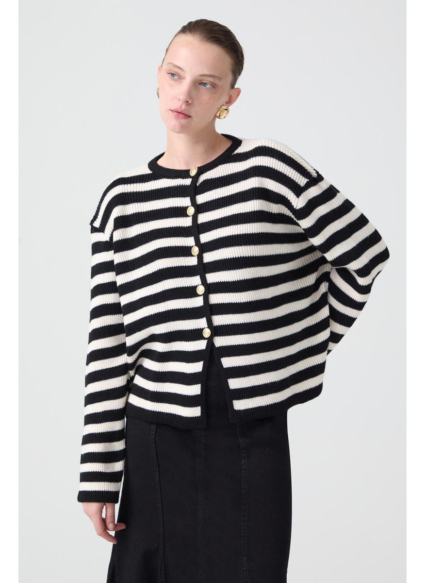 Touche - Gold Buttoned Striped Short Cardigan - Image 1