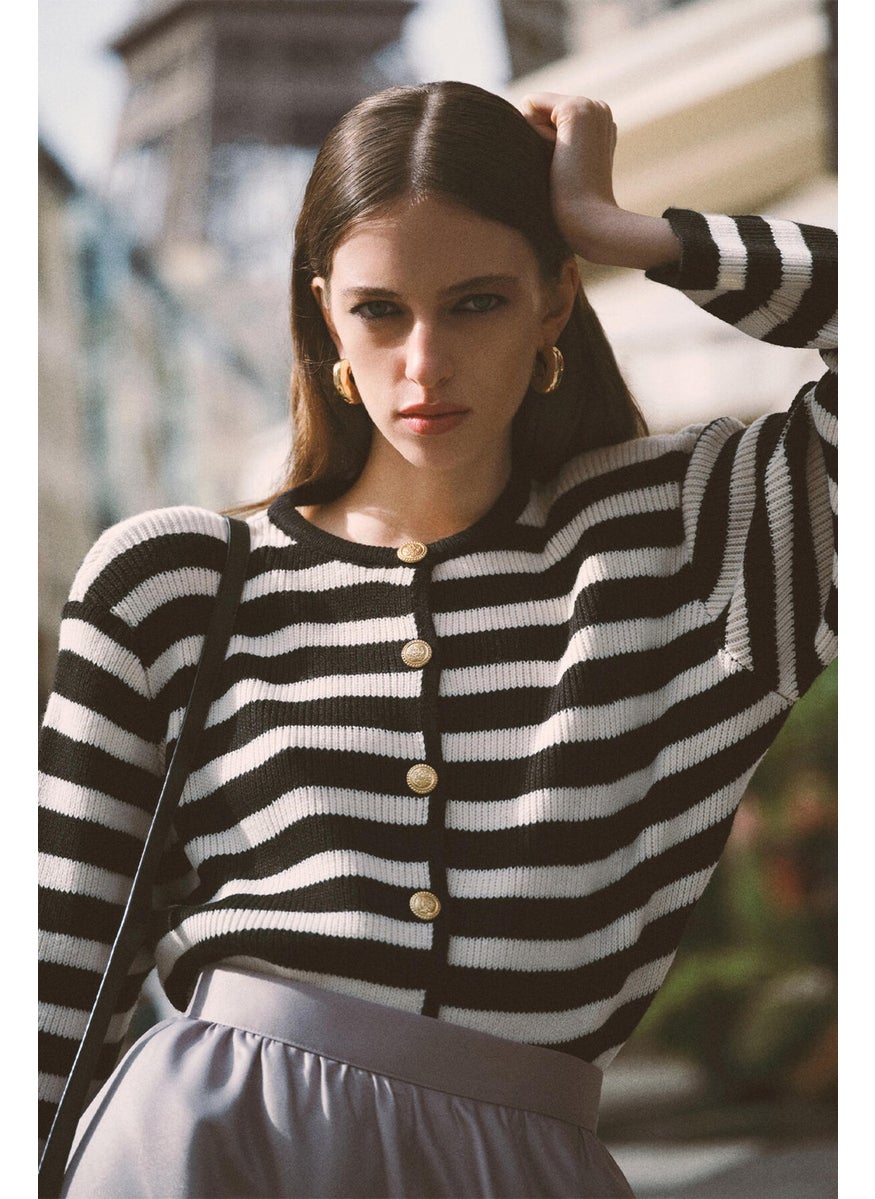 Touche - Gold Buttoned Striped Short Cardigan - Image 1