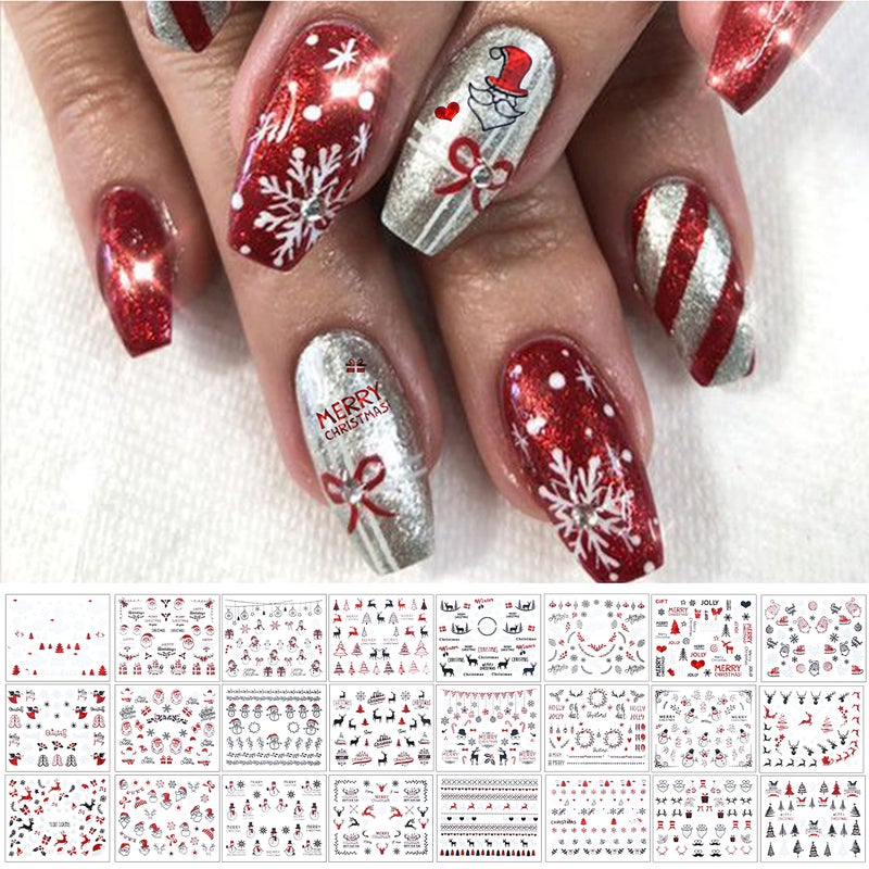 TailaiMei 24 Sheets Christmas Nail Art Stickers Decals 3D SelfAdhesive Glitter Nail Decorations Design for Santa Claus Snowflake Snowman 1128 Pcs