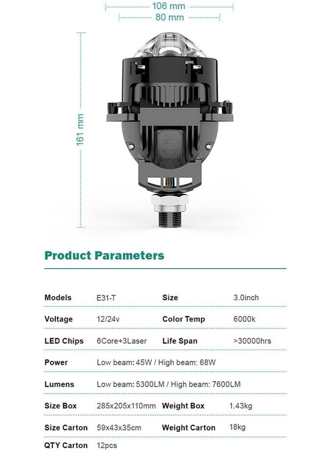 VAHID E31 LED Headlight Projector with 3 Lasers, 12V and 24 V Available, 6000K, 3.0 Inches - Image 4