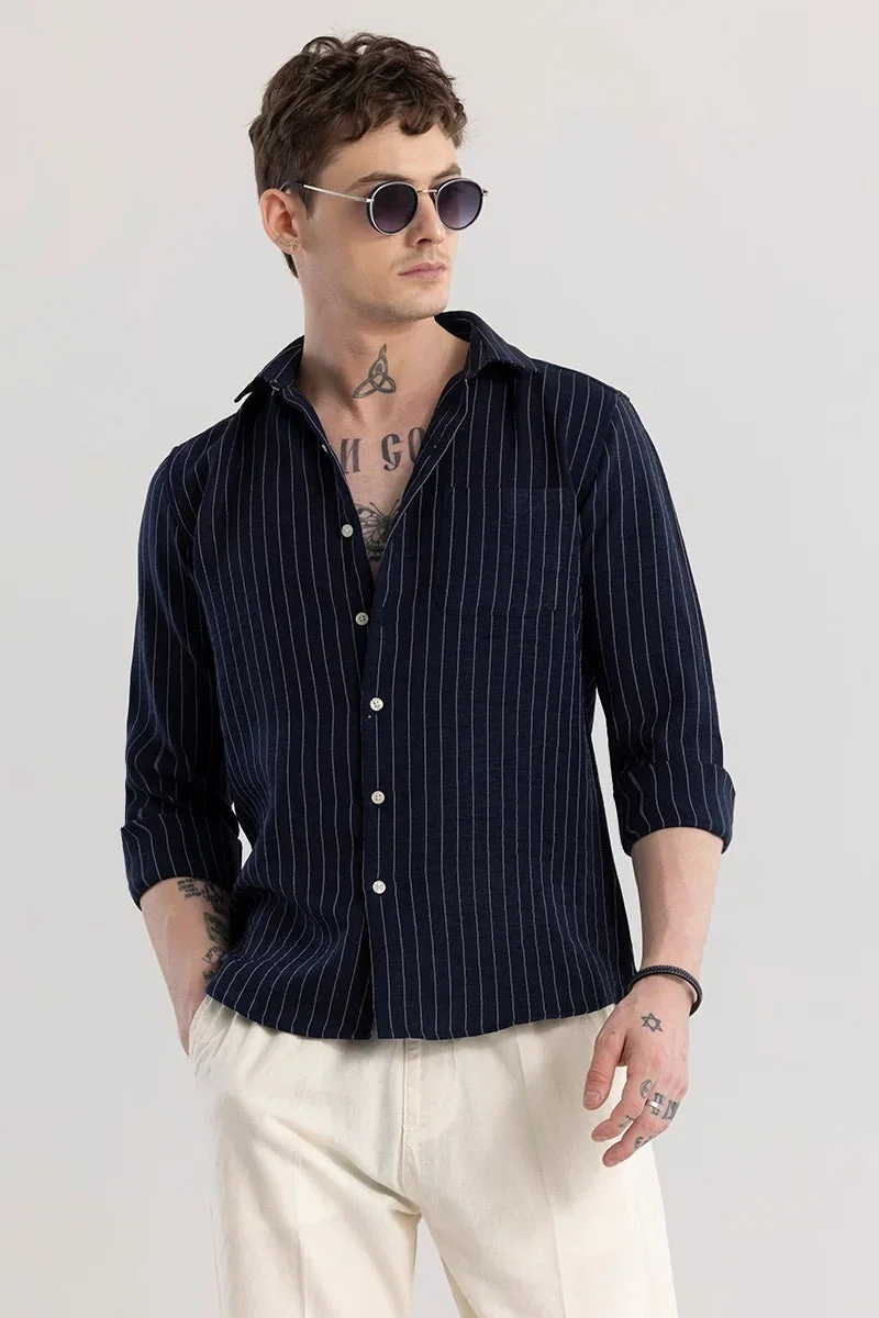 SNITCH Navy Stripes Slim Fit Shirt