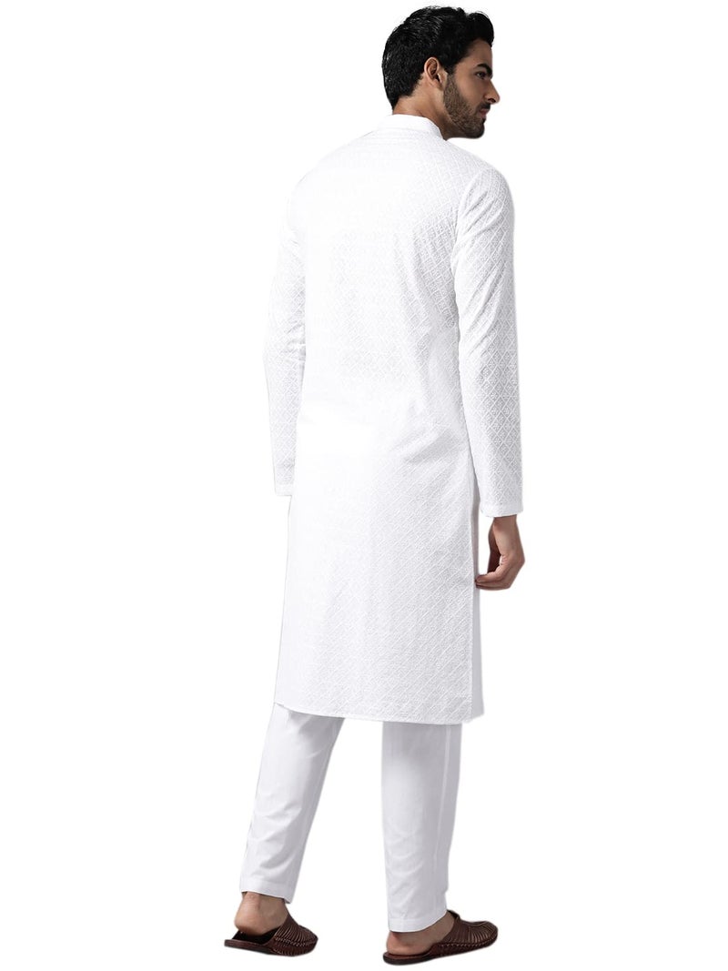 See Designs Mens Kurta | Specially Crafted and Designed for the Eid Festival White Cotton Embroidered Kurta with Pajama Set Mandarin Collar Long Sleeves Chikankari Kurta | SDKT109301XXL - Image 5