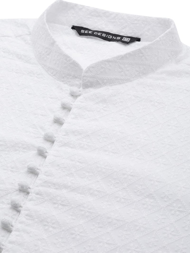 See Designs Mens Kurta | Specially Crafted and Designed for the Eid Festival White Cotton Embroidered Kurta with Pajama Set Mandarin Collar Long Sleeves Chikankari Kurta | SDKT109301XXL - Image 2