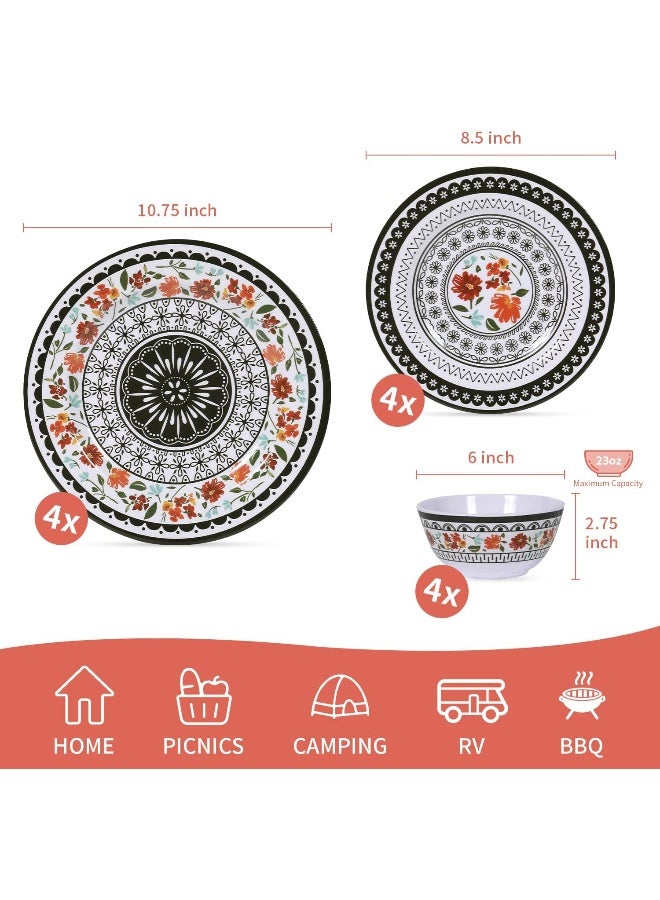 Gofunfun 12Piece Melamine Dinnerware Sets Unbreakable Dinner Dishes Set for Indoor and Outdoor Use Dishwasher Safe Lightweight Dinner Service for 4 Black and White - Image 2