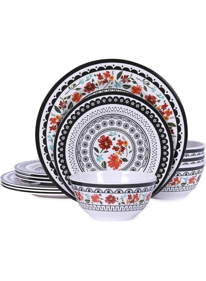 Gofunfun 12Piece Melamine Dinnerware Sets Unbreakable Dinner Dishes Set for Indoor and Outdoor Use Dishwasher Safe Lightweight Dinner Service for 4 Black and White - Image 1