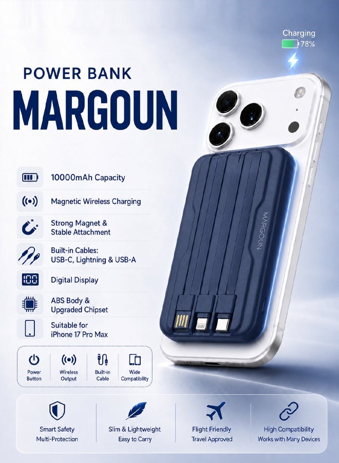 Magnetic Power Bank 10000mAh for iPhone 17 Pro Max – MagSafe Compatible Portable Wireless Charger with Built-in Cables Type-C, Lightning, USB & Digital LED Display blue