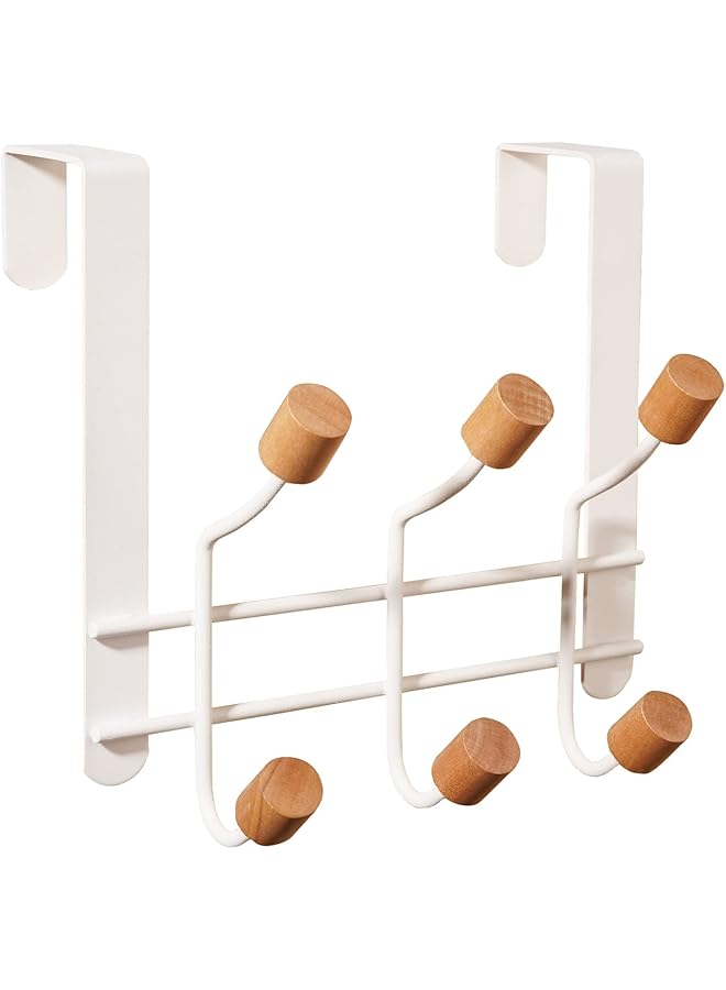 The Bros Over The Door Hooks,Sturdy Metal Over Door Organizer Rack with 6 Wooden Hooks for Hanging Coats Hats Robes Towels,Bathroom Bedroom Door Hangers - White - Image 1