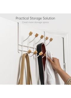 The Bros Over The Door Hooks,Sturdy Metal Over Door Organizer Rack with 6 Wooden Hooks for Hanging Coats Hats Robes Towels,Bathroom Bedroom Door Hangers - White  - Image 2