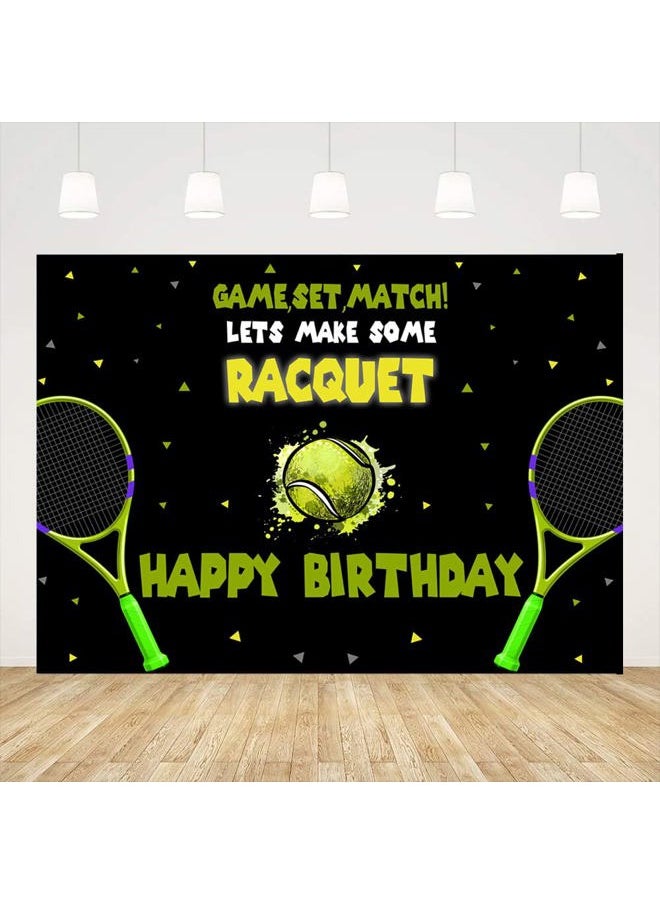 Binbata 5x3ft Tennis Themed Backdrop Tennis Ball Happy Birthday Party Decorations for Teens Kids Game Time Background for Photography Newborn Baby Birthday Party Cake Table Banner  - Image 1