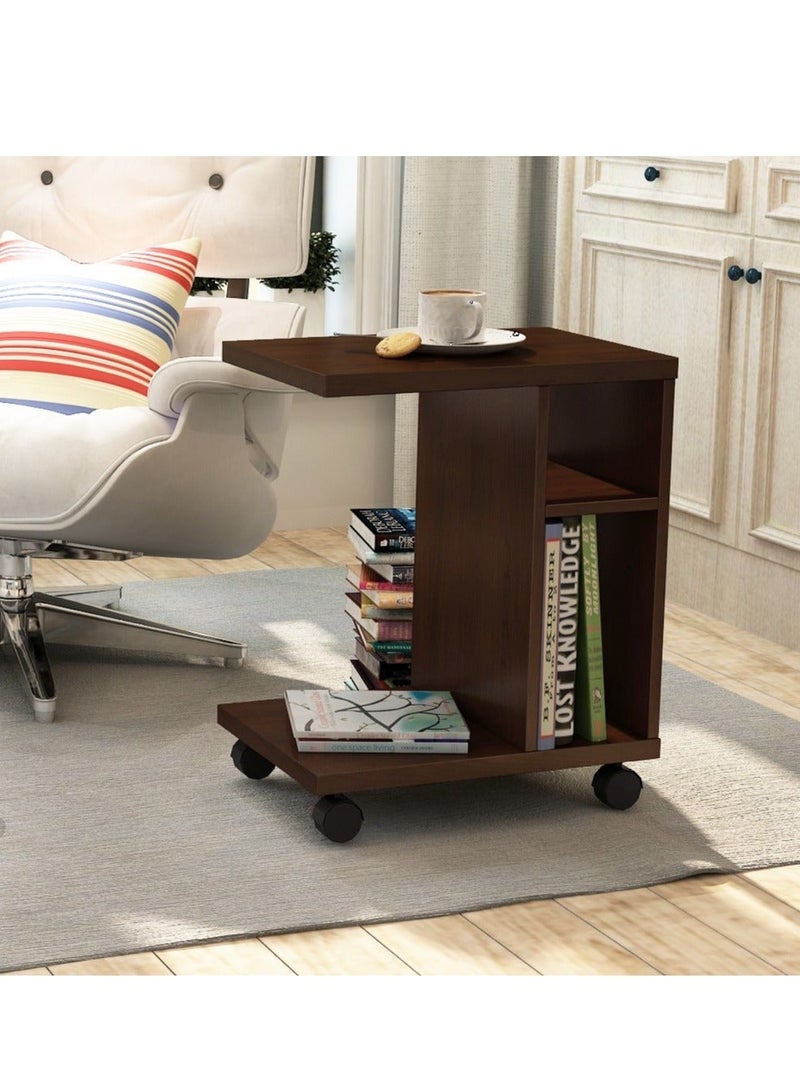 Eleva Home Wooden Rolling C-Shaped Side Table, Modern End Table with Shelves for Living Room or Home Office, Multifunctional for Small Spaces, Brown - Image 1