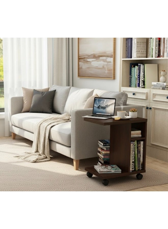Eleva Home Wooden Rolling C-Shaped Side Table, Modern End Table with Shelves for Living Room or Home Office, Multifunctional for Small Spaces, Brown - Image 2