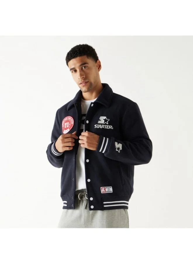STARTER Starter Logo Detail Button Up Varsity Jacket with Long Sleeves