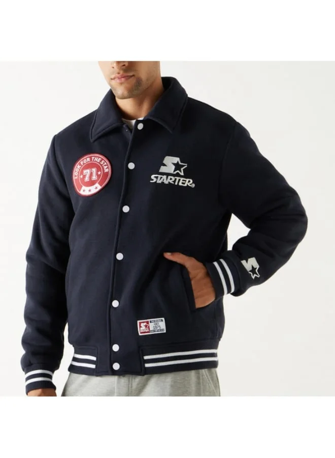 STARTER Starter Logo Detail Button Up Varsity Jacket with Long Sleeves