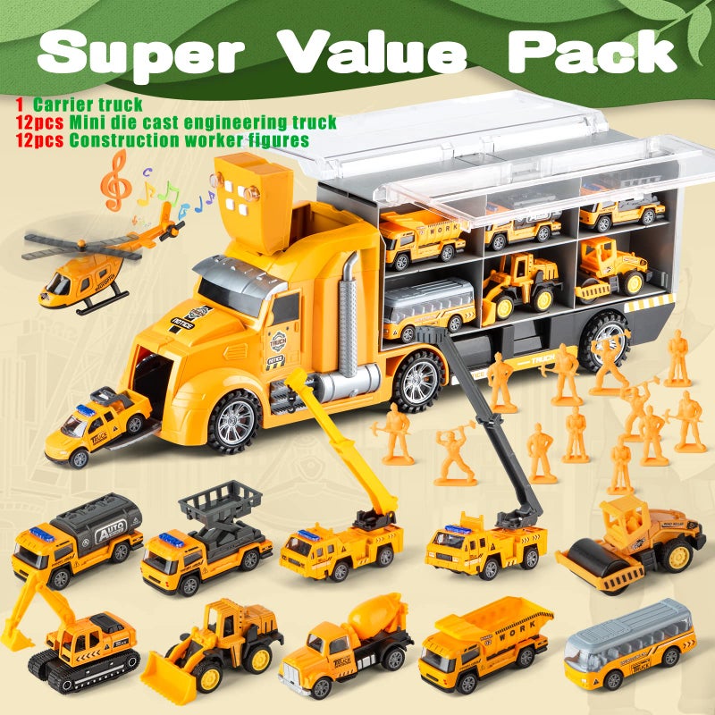 LerBao 25 in 1 Die-cast Pull Back Construction Truck Vehicle Toys for 3-7Year Old Boy, Sounds and Lights in Large Carrier Truck, Age3+ Kids Child Boy Toy Cars Birthday Gifts - Image 3