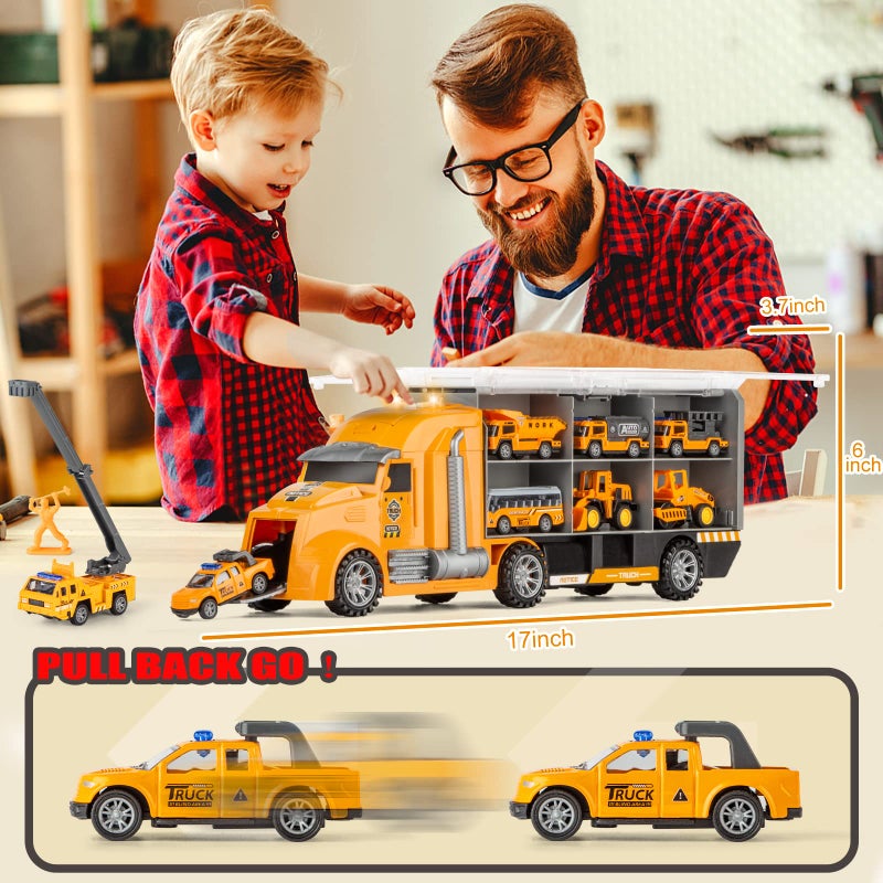 LerBao 25 in 1 Die-cast Pull Back Construction Truck Vehicle Toys for 3-7Year Old Boy, Sounds and Lights in Large Carrier Truck, Age3+ Kids Child Boy Toy Cars Birthday Gifts - Image 4