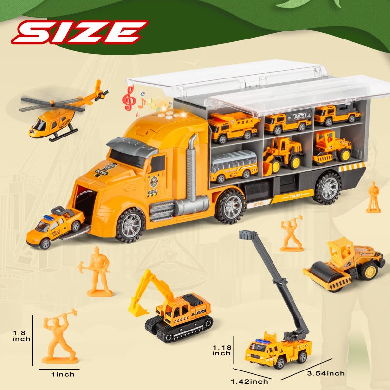LerBao 25 in 1 Die-cast Pull Back Construction Truck Vehicle Toys for 3-7Year Old Boy, Sounds and Lights in Large Carrier Truck, Age3+ Kids Child Boy Toy Cars Birthday Gifts - Image 5