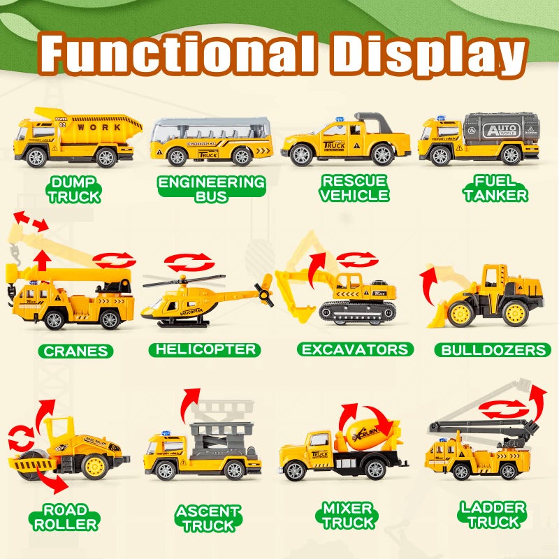 LerBao 25 in 1 Die-cast Pull Back Construction Truck Vehicle Toys for 3-7Year Old Boy, Sounds and Lights in Large Carrier Truck, Age3+ Kids Child Boy Toy Cars Birthday Gifts - Image 2