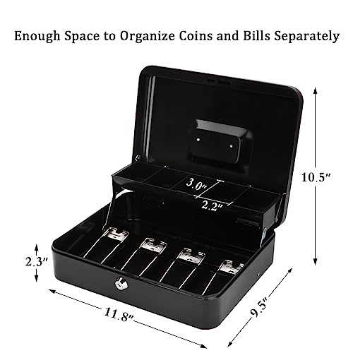 Jssmst Large Cash Box with Money Tray and Lock - Locking Safe Money Box for Small Business, 11.8L x 9.5W x 3.5H Inches, Black, SM-CB0501L - Image 3