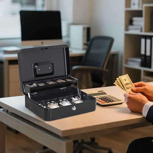 Jssmst Large Cash Box with Money Tray and Lock - Locking Safe Money Box for Small Business, 11.8L x 9.5W x 3.5H Inches, Black, SM-CB0501L - Image 5