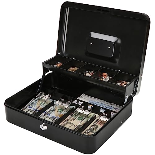 Jssmst Large Cash Box with Money Tray and Lock - Locking Safe Money Box for Small Business, 11.8L x 9.5W x 3.5H Inches, Black, SM-CB0501L - Image 1