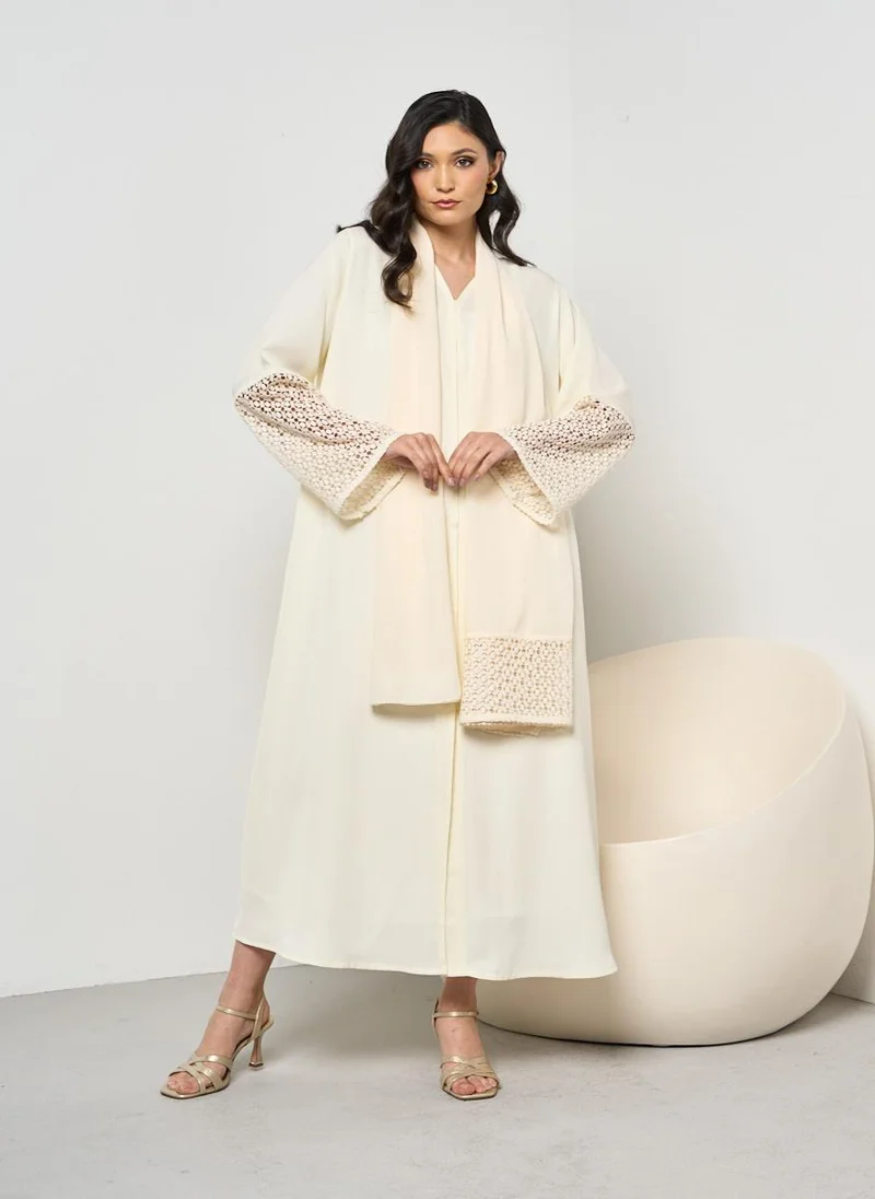 كوتور لابس Ivory Abaya with Lace Sleeve and Sheila