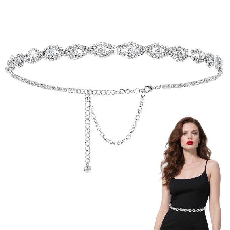 Quilax Rhinestone Belts for Women, Sparkly Silver Chain Belt, Fashion Chain Belt, Thin Belts, Large Size Beltss for Women Glitter Crystal Chains Beltss for Dresses - Image 1