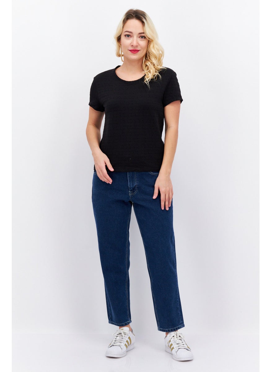 ESPRIT Women Round Neck Short Sleeves Textured Shirt, Black  - Image 3
