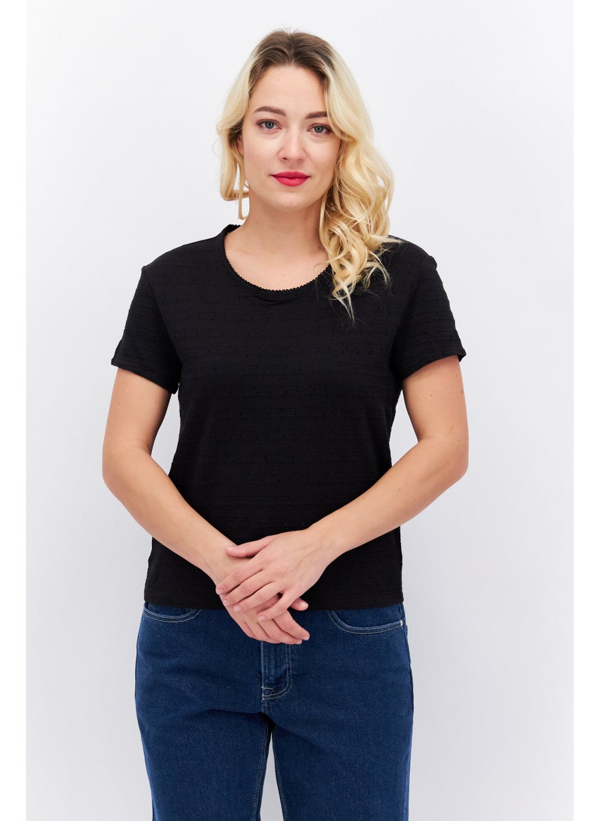 ESPRIT Women Round Neck Short Sleeves Textured Shirt, Black  - Image 1